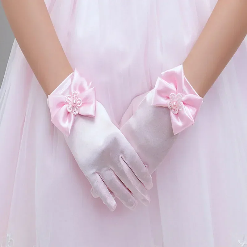 Sweet Satin Flower Child Gloves White Gloves for Kids Children Girls Wedding Gloves with Bow Kids Fashion Children's Mittens
