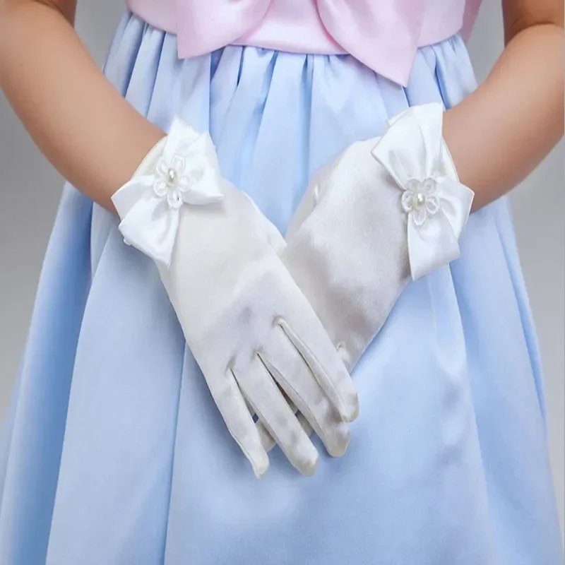 Sweet Satin Flower Child Gloves White Gloves for Kids Children Girls Wedding Gloves with Bow Kids Fashion Children's Mittens
