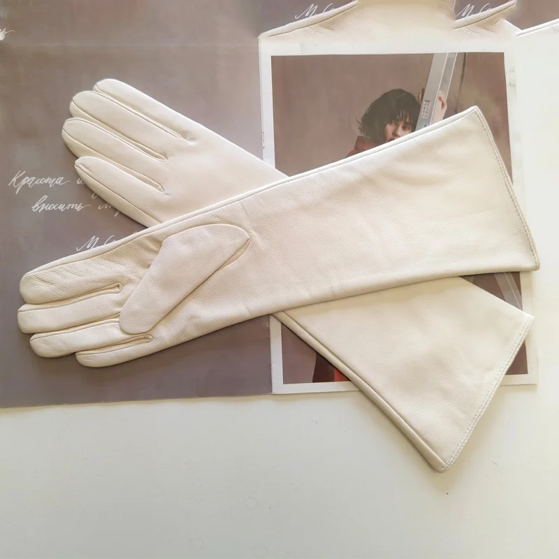 Women New Long Leather Gloves Straight Style Sheepskin Velvet Lining Warm Autumn And Winter Colour Gloves