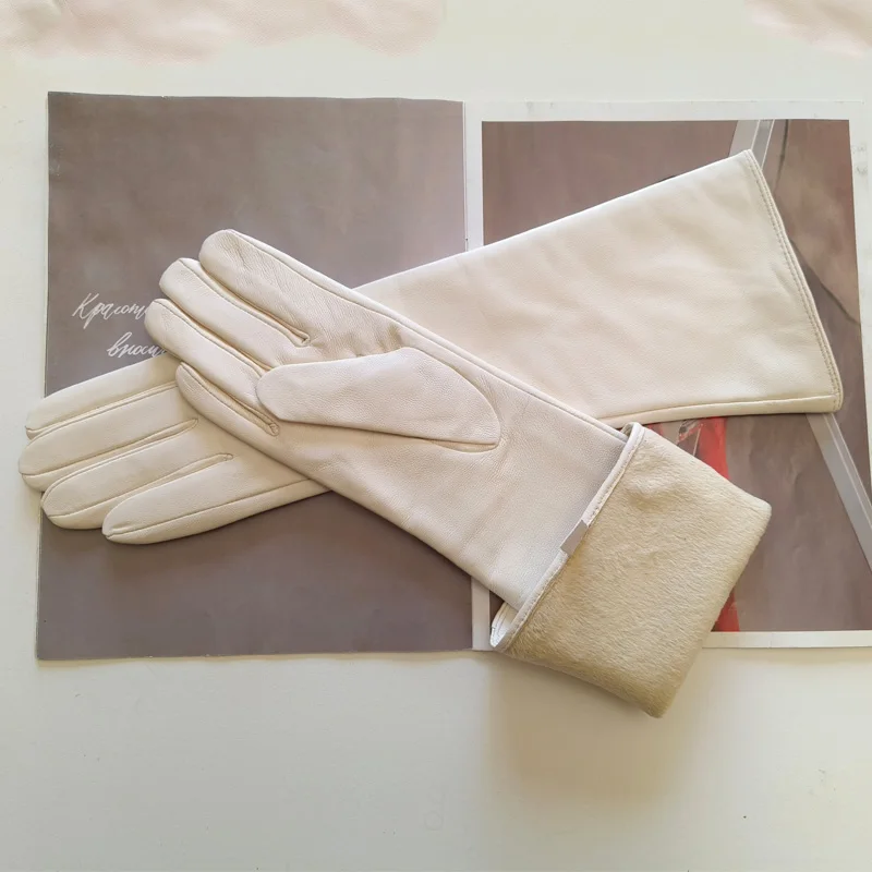 Women New Long Leather Gloves Straight Style Sheepskin Velvet Lining Warm Autumn And Winter Colour Gloves