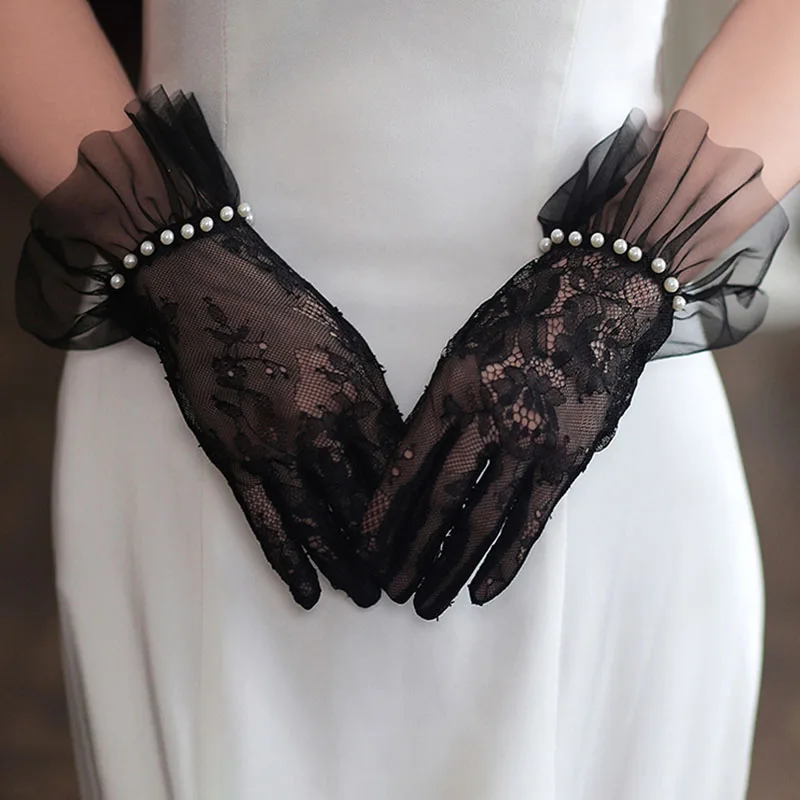 Bride Wedding Japanese Soft Girl Black White Lace Gloves Gothic Lolita Mesh Bow Flower Sweet Wristband Maid Cosplay Accessory