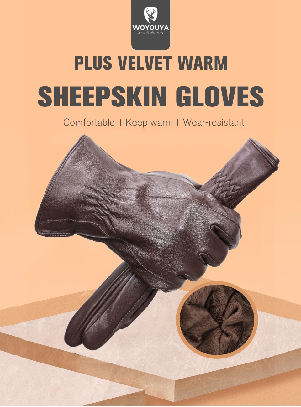 Men's Sheepskin Gloves Winter Warm Plus Velvet Short Thin Driving Color Leather Gloves New High-End Winter Gloves for Men -8025Y