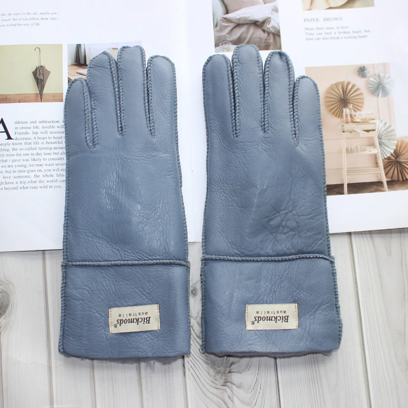 New Women's Fur All-in-One Sheepskin Gloves Leather Color Warm Winter Wool Lining Wind and Cold Gloves