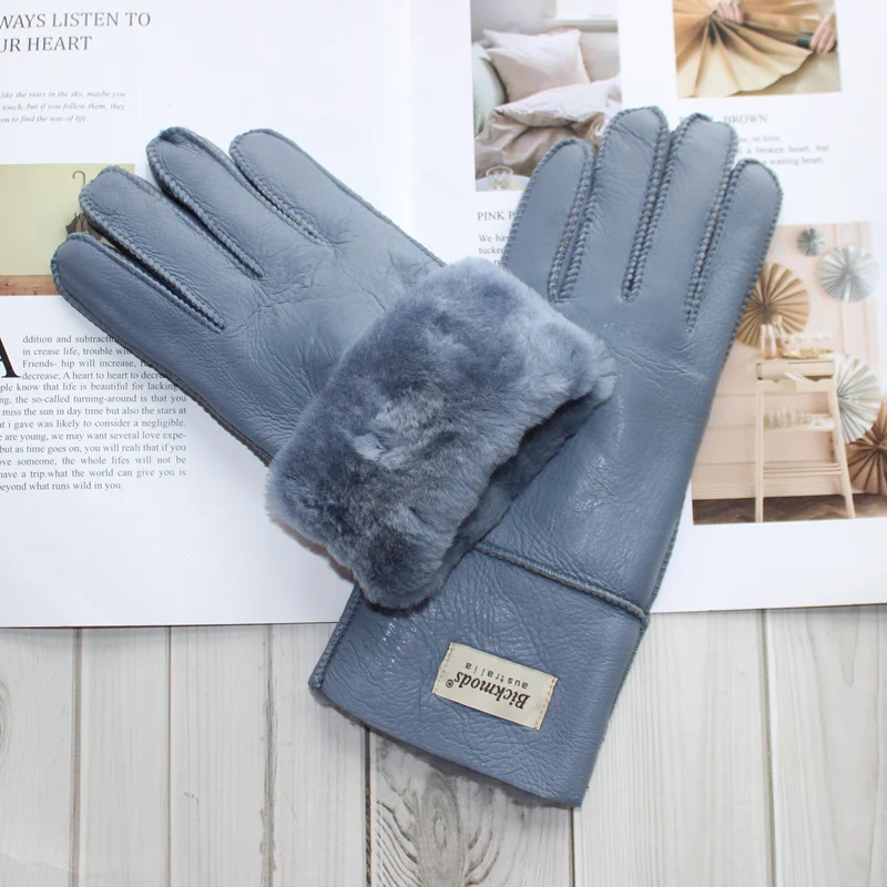 New Women's Fur All-in-One Sheepskin Gloves Leather Color Warm Winter Wool Lining Wind and Cold Gloves