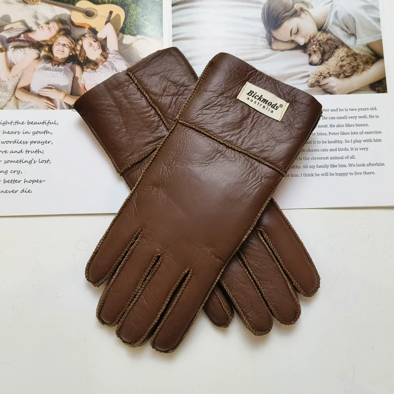 New Women's Fur All-in-One Sheepskin Gloves Leather Color Warm Winter Wool Lining Wind and Cold Gloves
