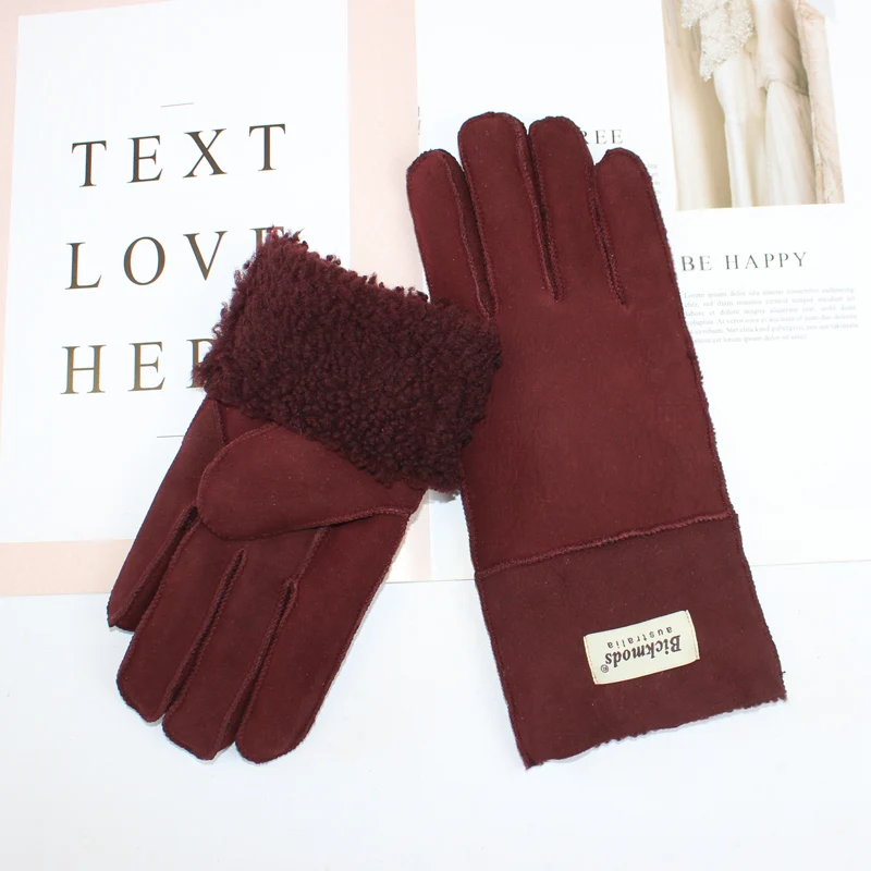 New Women's Fur All-in-One Sheepskin Gloves Leather Color Warm Winter Wool Lining Wind and Cold Gloves