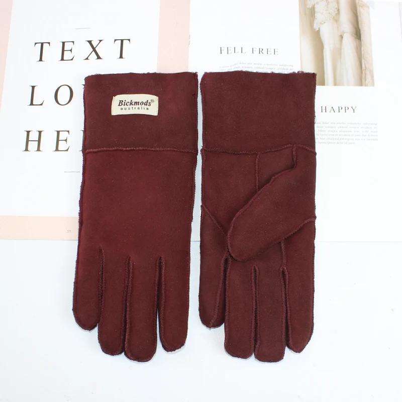 New Women's Fur All-in-One Sheepskin Gloves Leather Color Warm Winter Wool Lining Wind and Cold Gloves