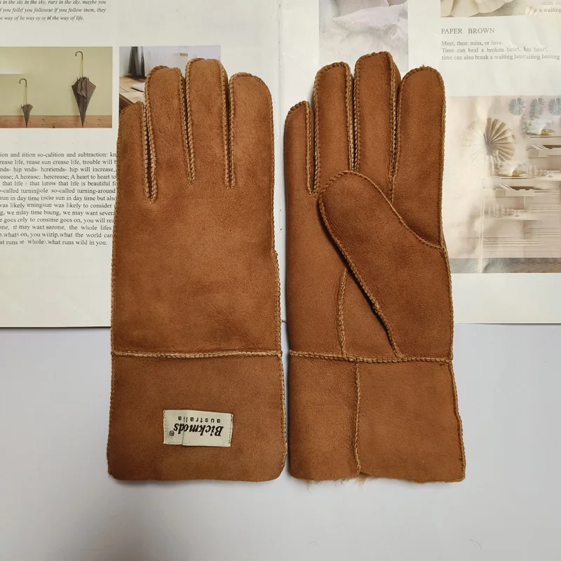 New Women's Fur All-in-One Sheepskin Gloves Leather Color Warm Winter Wool Lining Wind and Cold Gloves