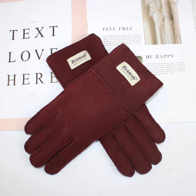 New Women's Fur All-in-One Sheepskin Gloves Leather Color Warm Winter Wool Lining Wind and Cold Gloves
