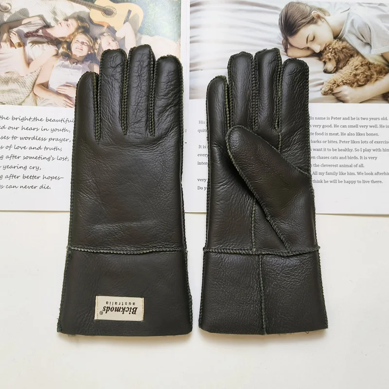 New Women's Fur All-in-One Sheepskin Gloves Leather Color Warm Winter Wool Lining Wind and Cold Gloves