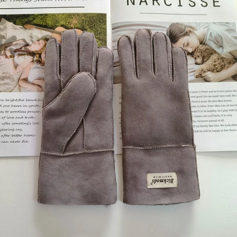 New Women's Fur All-in-One Sheepskin Gloves Leather Color Warm Winter Wool Lining Wind and Cold Gloves