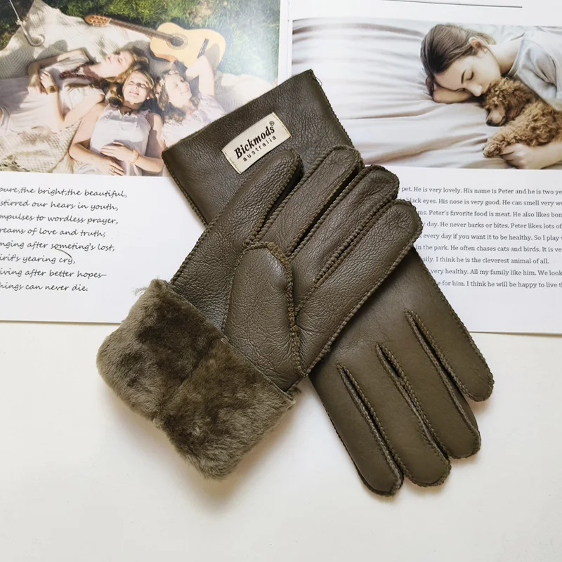 New Women's Fur All-in-One Sheepskin Gloves Leather Color Warm Winter Wool Lining Wind and Cold Gloves