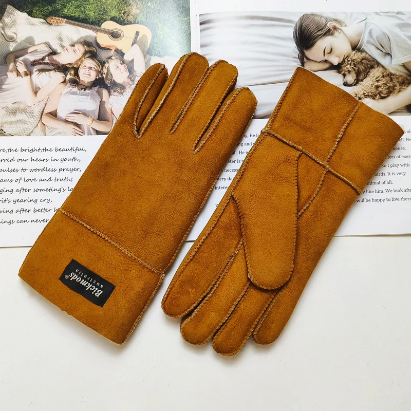 New Women's Fur All-in-One Sheepskin Gloves Leather Color Warm Winter Wool Lining Wind and Cold Gloves