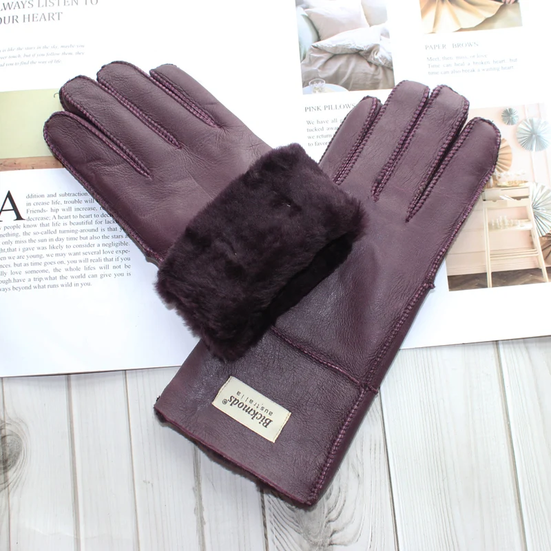 New Women's Fur All-in-One Sheepskin Gloves Leather Color Warm Winter Wool Lining Wind and Cold Gloves