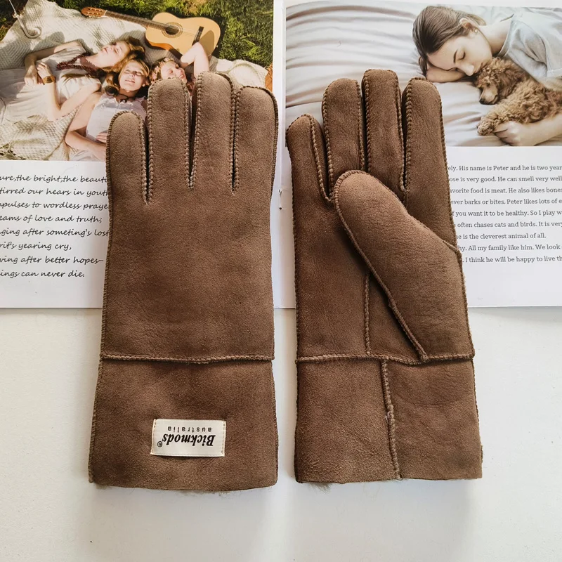 New Women's Fur All-in-One Sheepskin Gloves Leather Color Warm Winter Wool Lining Wind and Cold Gloves