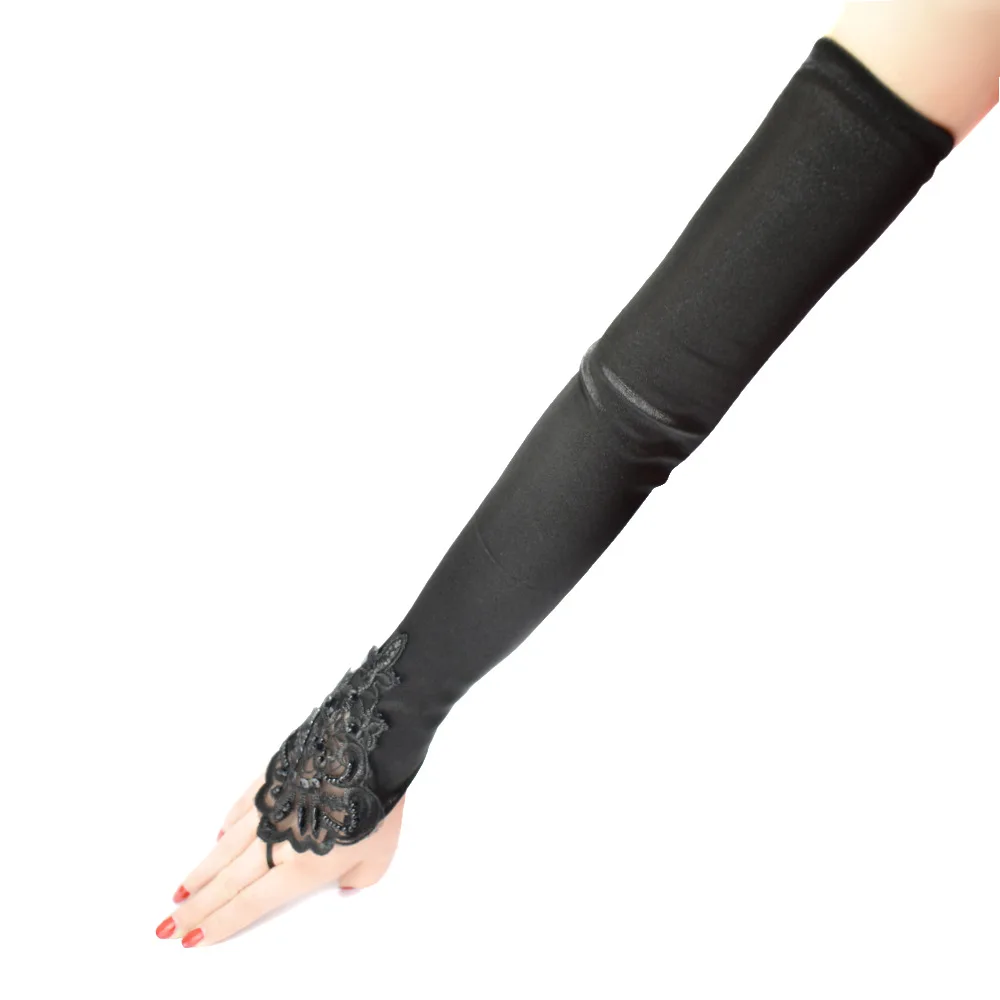 Women Vintage Black Hook Finger 48cm Long Gloves Sexy Fingerless Lace Sequins Satin Party Gloves Wedding Costume Accessories