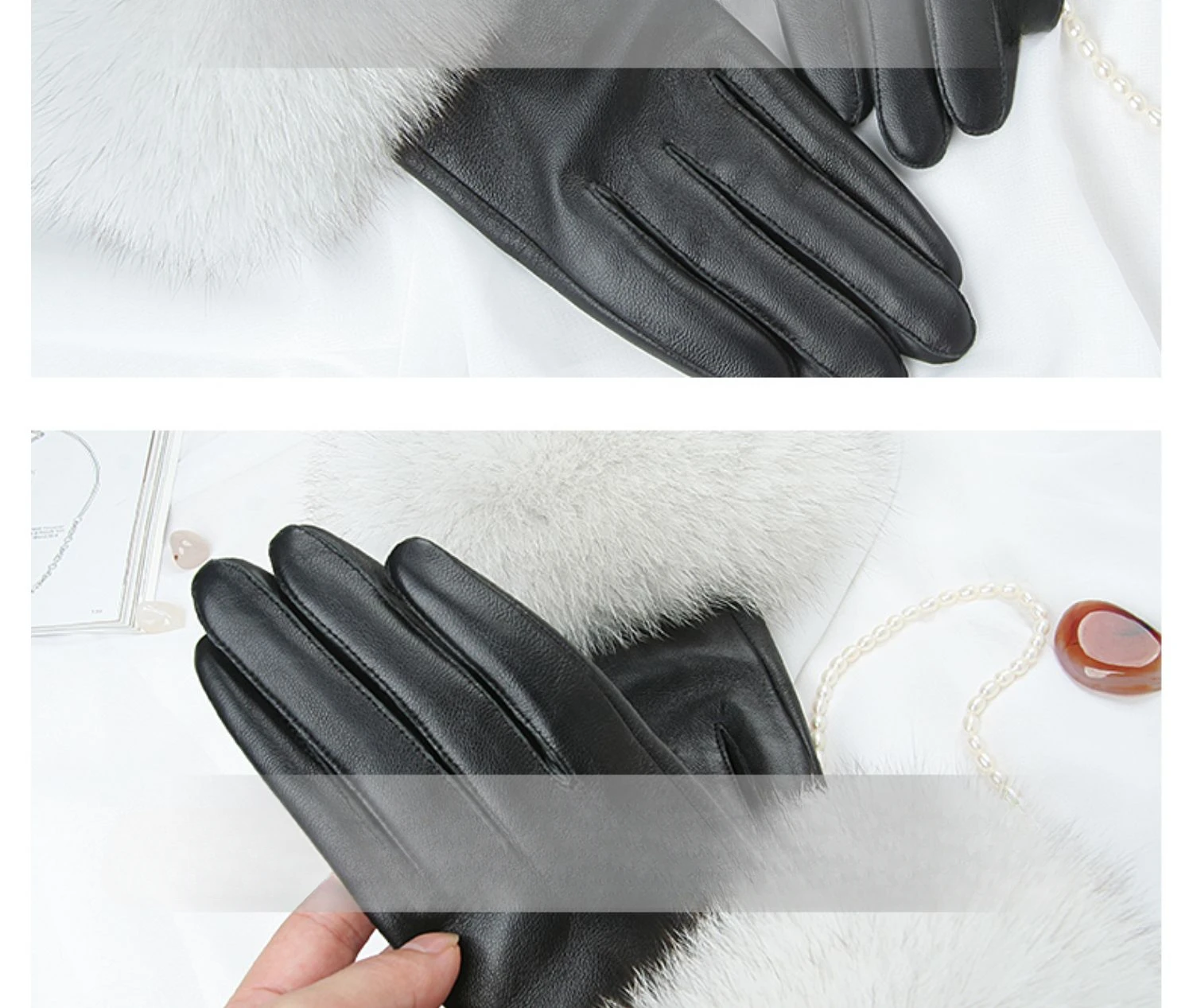 Sheepskin Natural Fox Fur Trimming Gloves Women's Genuine Leather Wrist Warmer Glove Winter Warm Fashion Mittens Fleece Lining