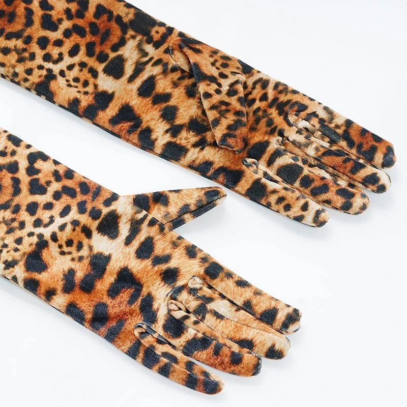 Leopard Print Velvet Women Sexy Long Gloves Fashion Warm Dance Party Evening Dress Cosplay Stage Performance Accessories