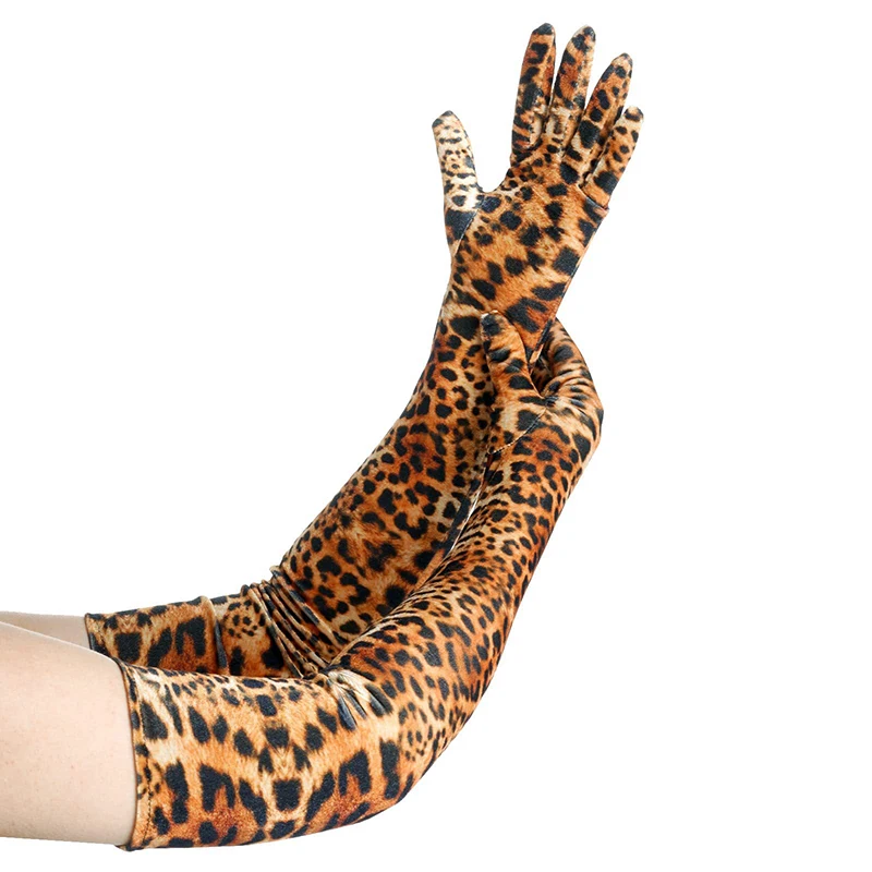 Leopard Print Velvet Women Sexy Long Gloves Fashion Warm Dance Party Evening Dress Cosplay Stage Performance Accessories