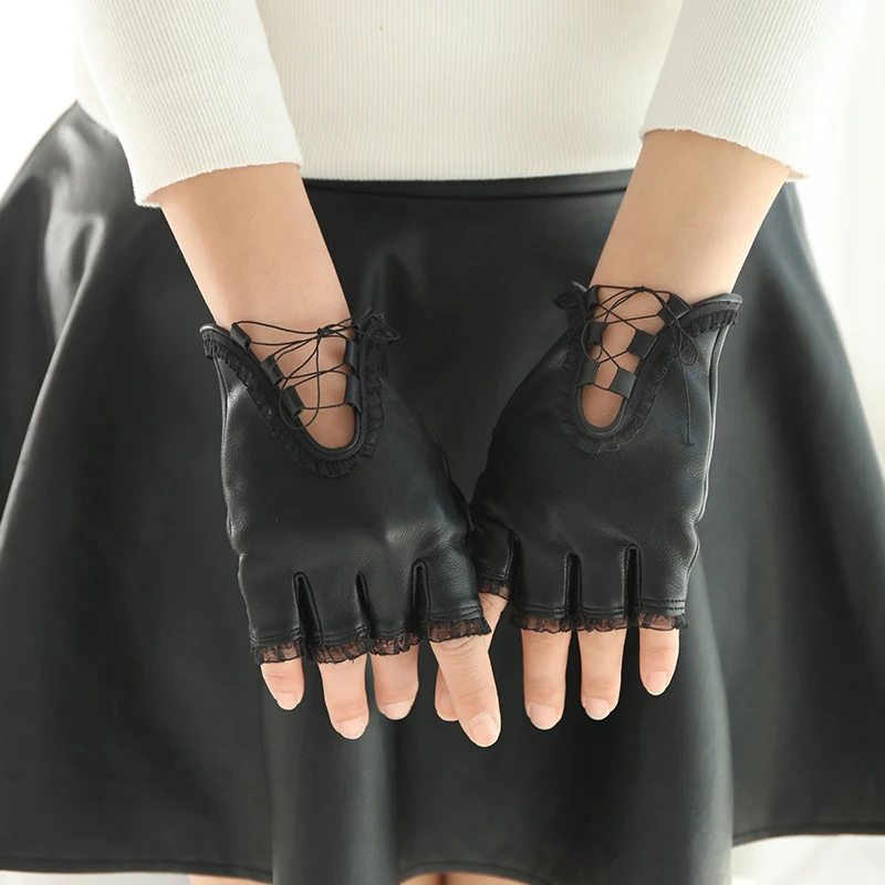 14CM Women's Faux Leather Half Finger Gloves Lace Trim Lace-up Straps Short Gothic Sexy Nightclub Pole Dance Stage Performance