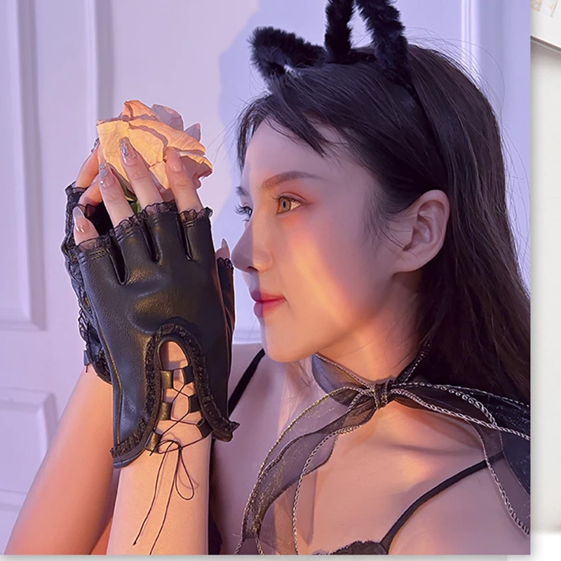 14CM Women's Faux Leather Half Finger Gloves Lace Trim Lace-up Straps Short Gothic Sexy Nightclub Pole Dance Stage Performance