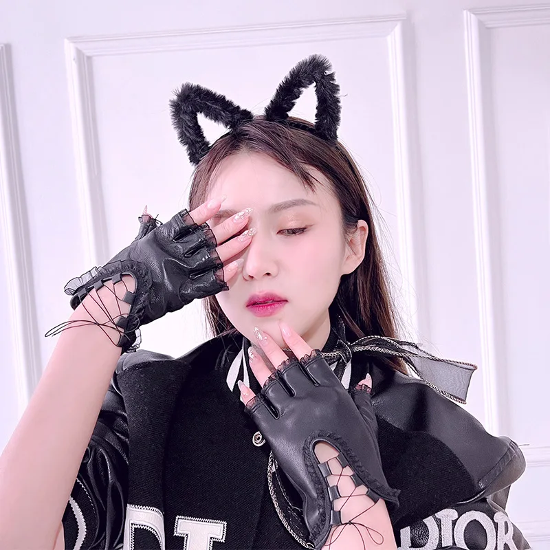 14CM Women's Faux Leather Half Finger Gloves Lace Trim Lace-up Straps Short Gothic Sexy Nightclub Pole Dance Stage Performance