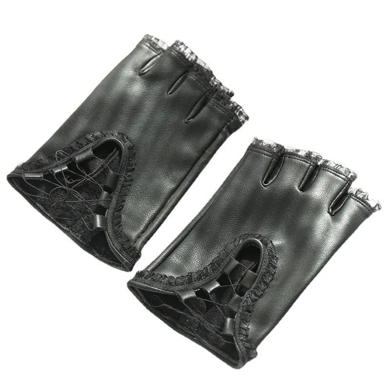 14CM Women's Faux Leather Half Finger Gloves Lace Trim Lace-up Straps Short Gothic Sexy Nightclub Pole Dance Stage Performance