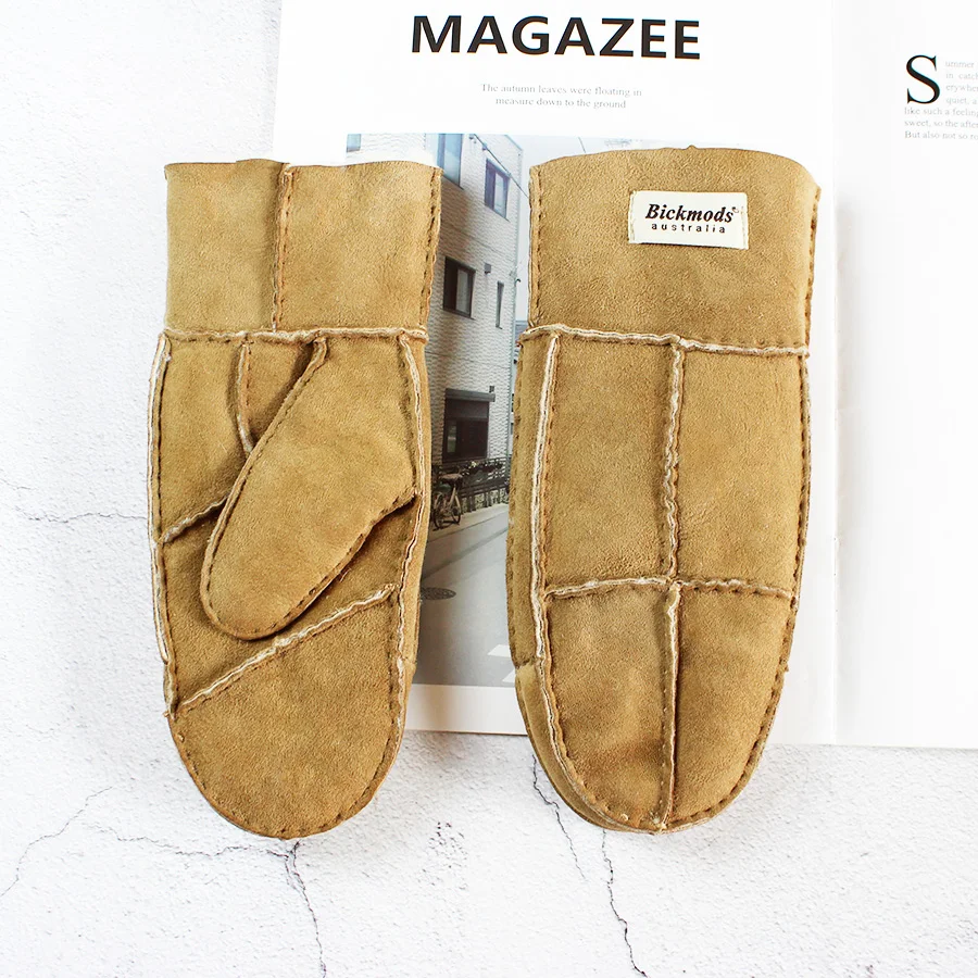 Sheepskin Fur Gloves Women's Winter Cold Warm Men's Leather Thicken Mittens Hand Sewn Black Sheepskin Wool