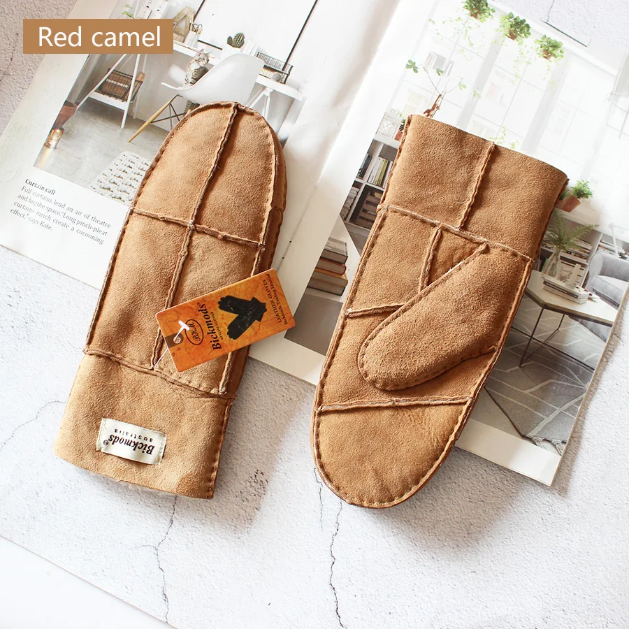 Sheepskin Fur Gloves Women's Winter Cold Warm Men's Leather Thicken Mittens Hand Sewn Black Sheepskin Wool