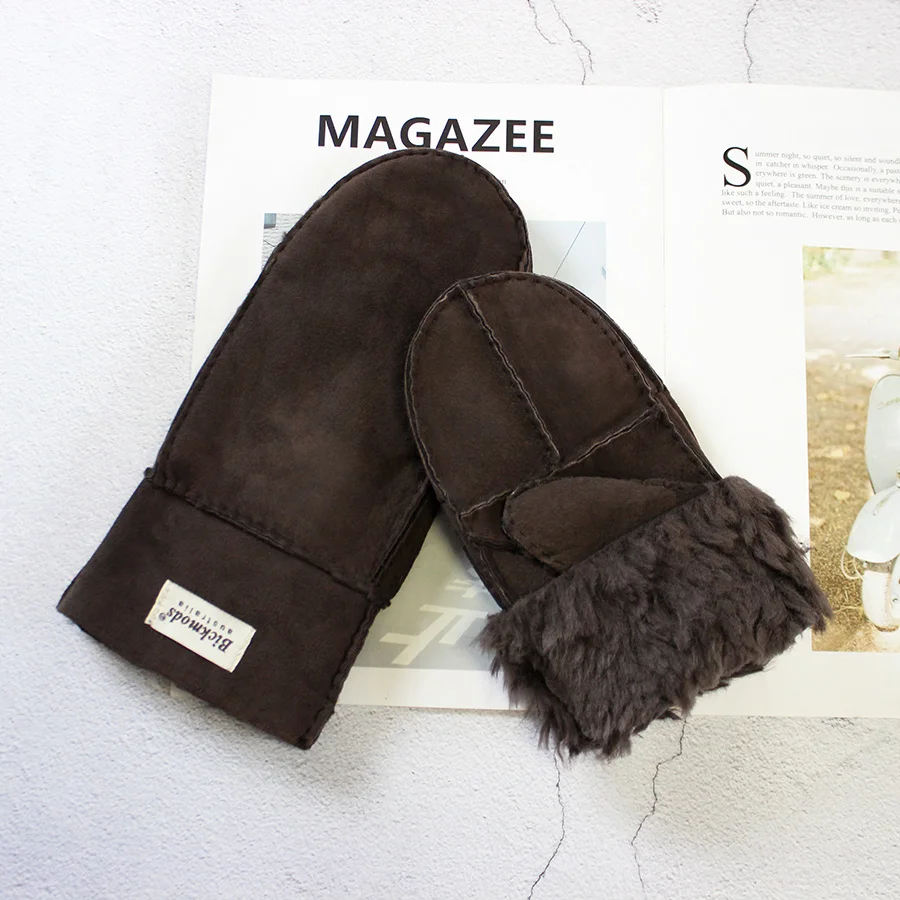 Sheepskin Fur Gloves Women's Winter Cold Warm Men's Leather Thicken Mittens Hand Sewn Black Sheepskin Wool
