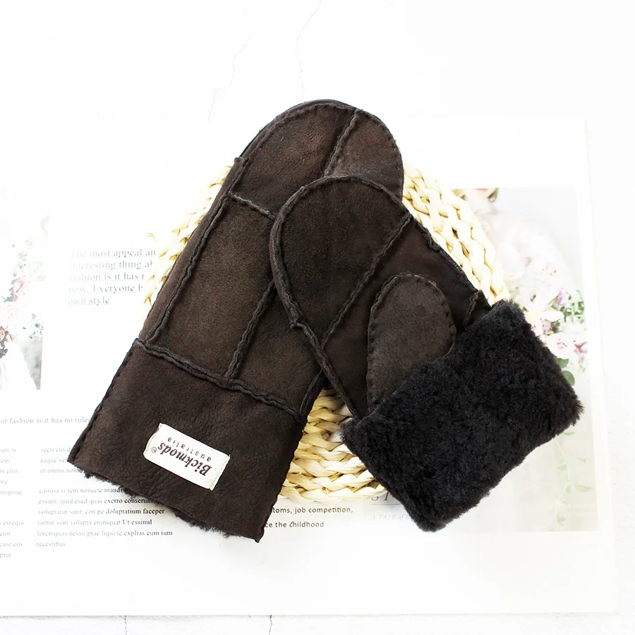 Sheepskin Fur Gloves Women's Winter Cold Warm Men's Leather Thicken Mittens Hand Sewn Black Sheepskin Wool