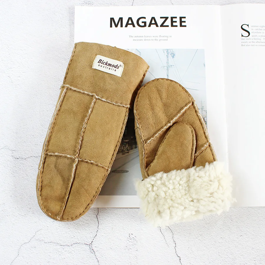 Sheepskin Fur Gloves Women's Winter Cold Warm Men's Leather Thicken Mittens Hand Sewn Black Sheepskin Wool