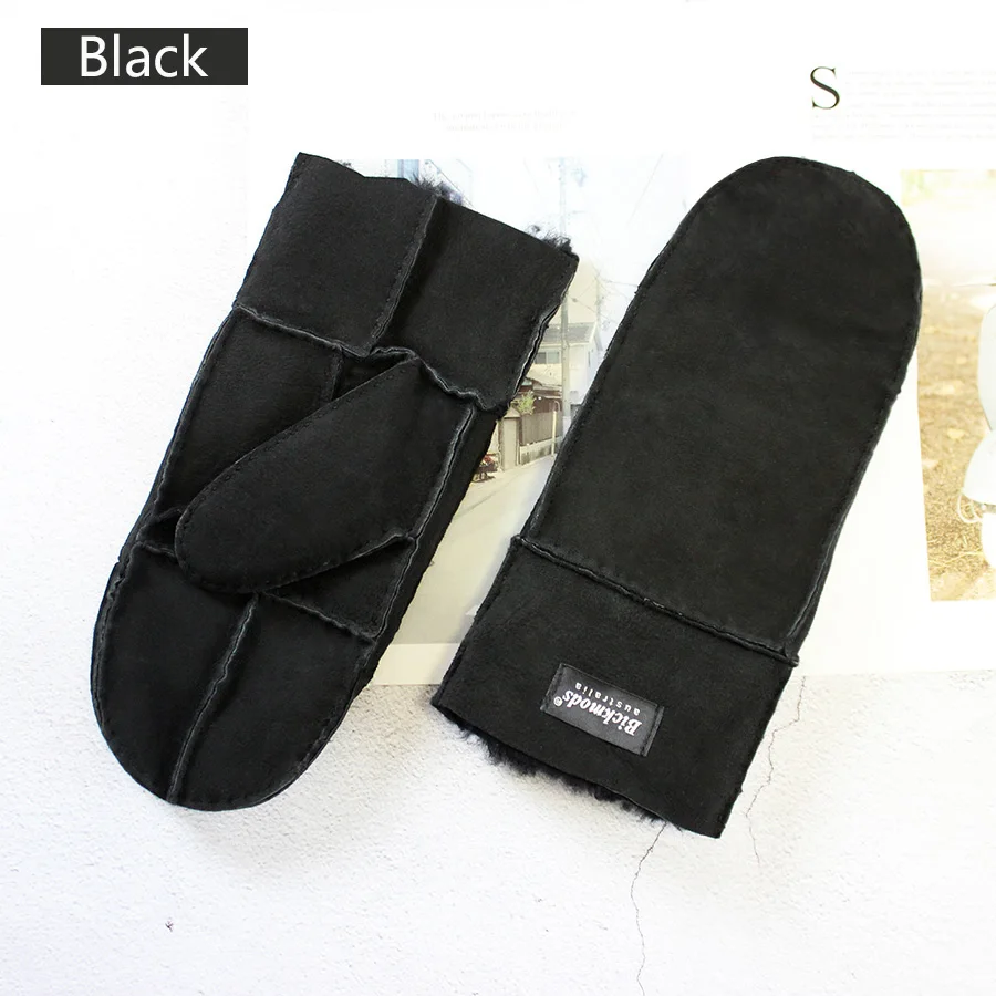 Sheepskin Fur Gloves Women's Winter Cold Warm Men's Leather Thicken Mittens Hand Sewn Black Sheepskin Wool