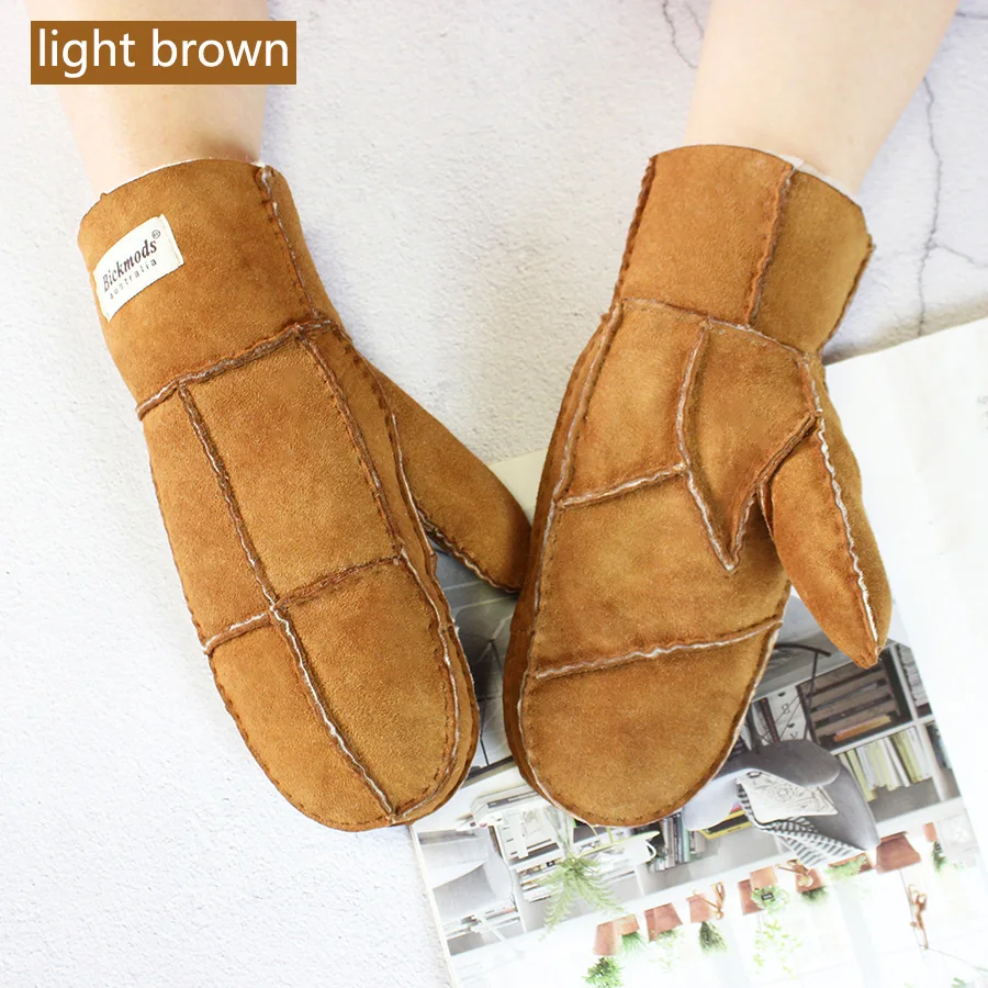 Sheepskin Fur Gloves Women's Winter Cold Warm Men's Leather Thicken Mittens Hand Sewn Black Sheepskin Wool