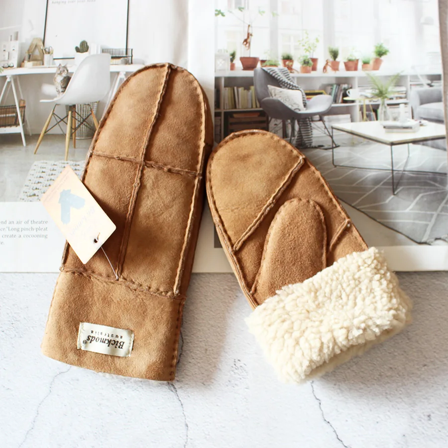 Sheepskin Fur Gloves Women's Winter Cold Warm Men's Leather Thicken Mittens Hand Sewn Black Sheepskin Wool