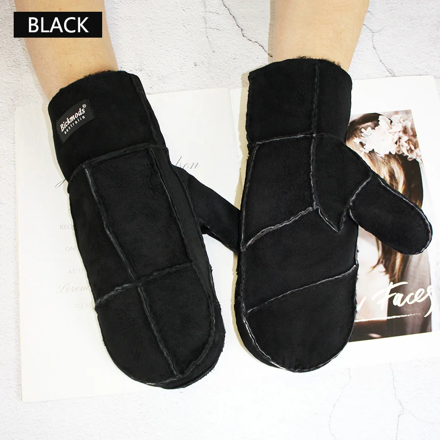 Sheepskin Fur Gloves Women's Winter Cold Warm Men's Leather Thicken Mittens Hand Sewn Black Sheepskin Wool
