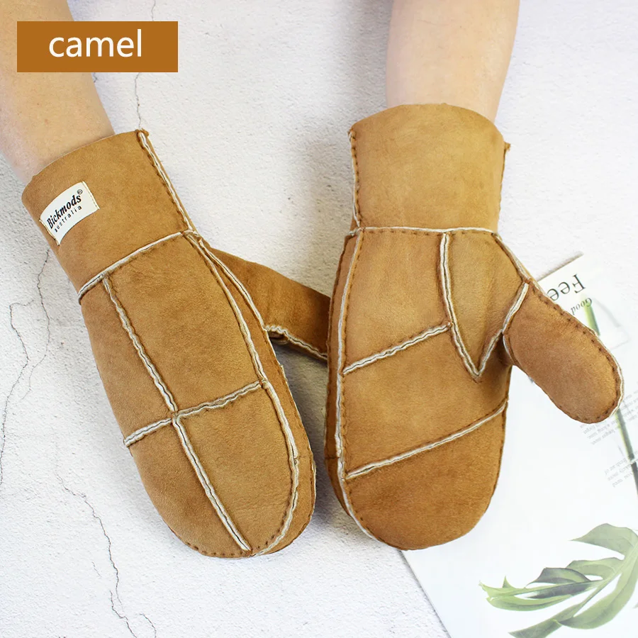 Sheepskin Fur Gloves Women's Winter Cold Warm Men's Leather Thicken Mittens Hand Sewn Black Sheepskin Wool