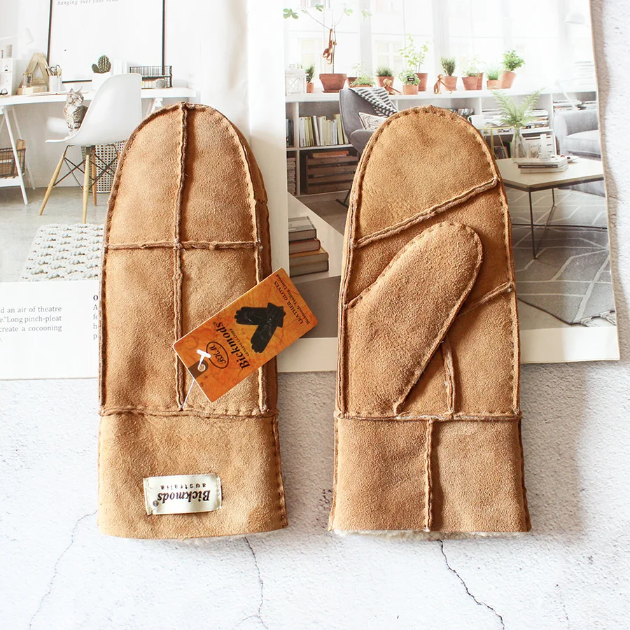 Sheepskin Fur Gloves Women's Winter Cold Warm Men's Leather Thicken Mittens Hand Sewn Black Sheepskin Wool