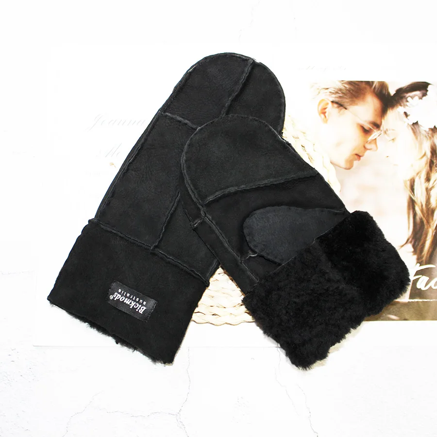 Sheepskin Fur Gloves Women's Winter Cold Warm Men's Leather Thicken Mittens Hand Sewn Black Sheepskin Wool