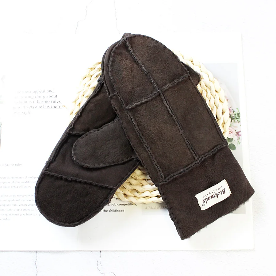 Sheepskin Fur Gloves Women's Winter Cold Warm Men's Leather Thicken Mittens Hand Sewn Black Sheepskin Wool