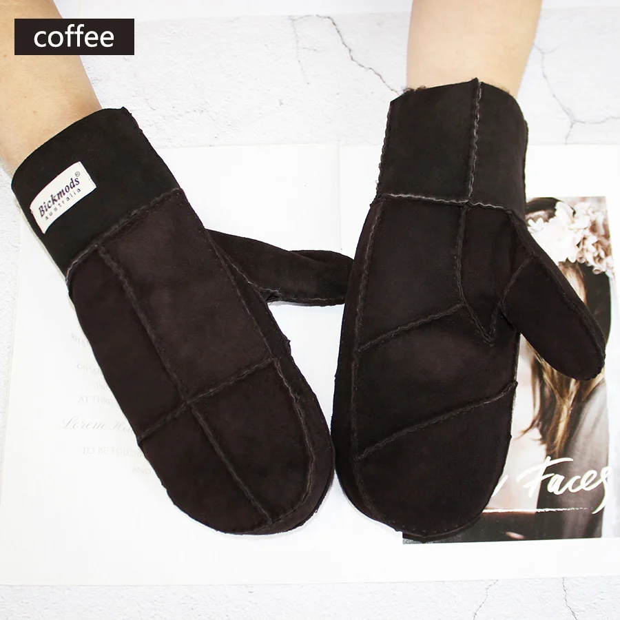 Sheepskin Fur Gloves Women's Winter Cold Warm Men's Leather Thicken Mittens Hand Sewn Black Sheepskin Wool