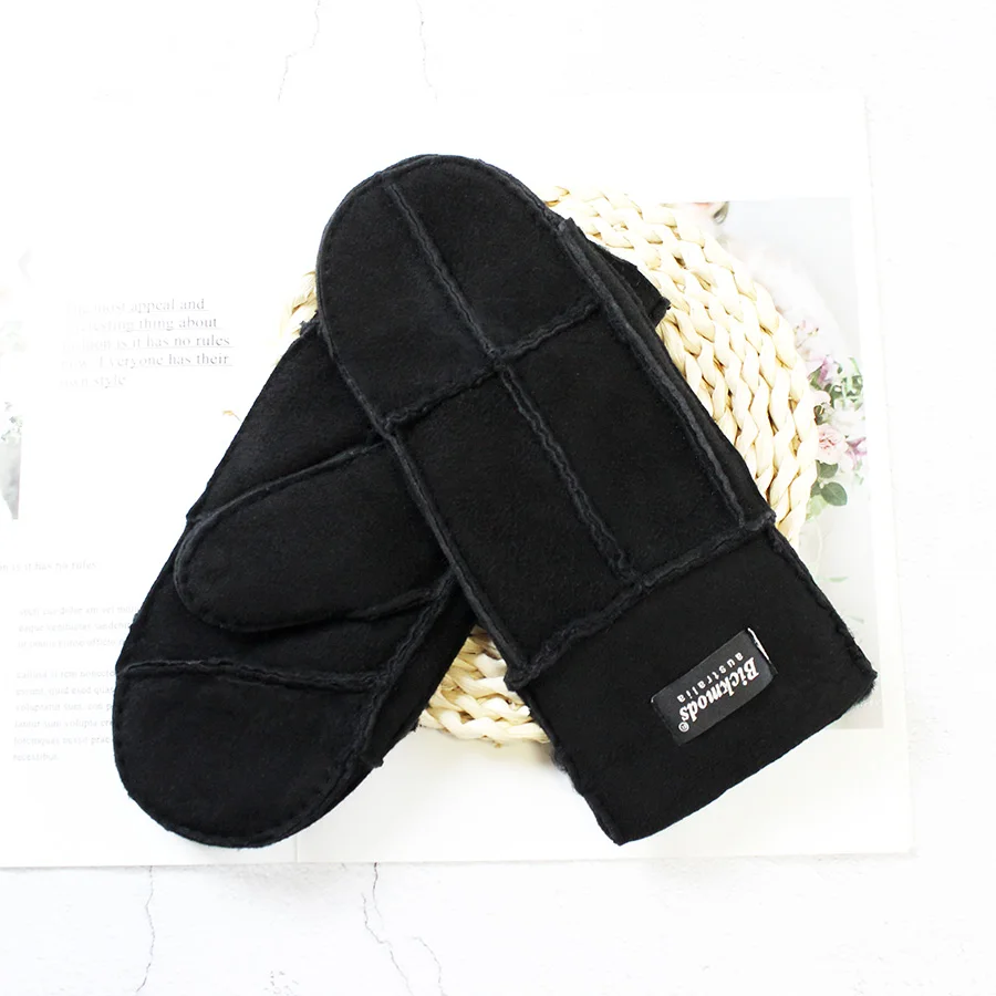 Sheepskin Fur Gloves Women's Winter Cold Warm Men's Leather Thicken Mittens Hand Sewn Black Sheepskin Wool