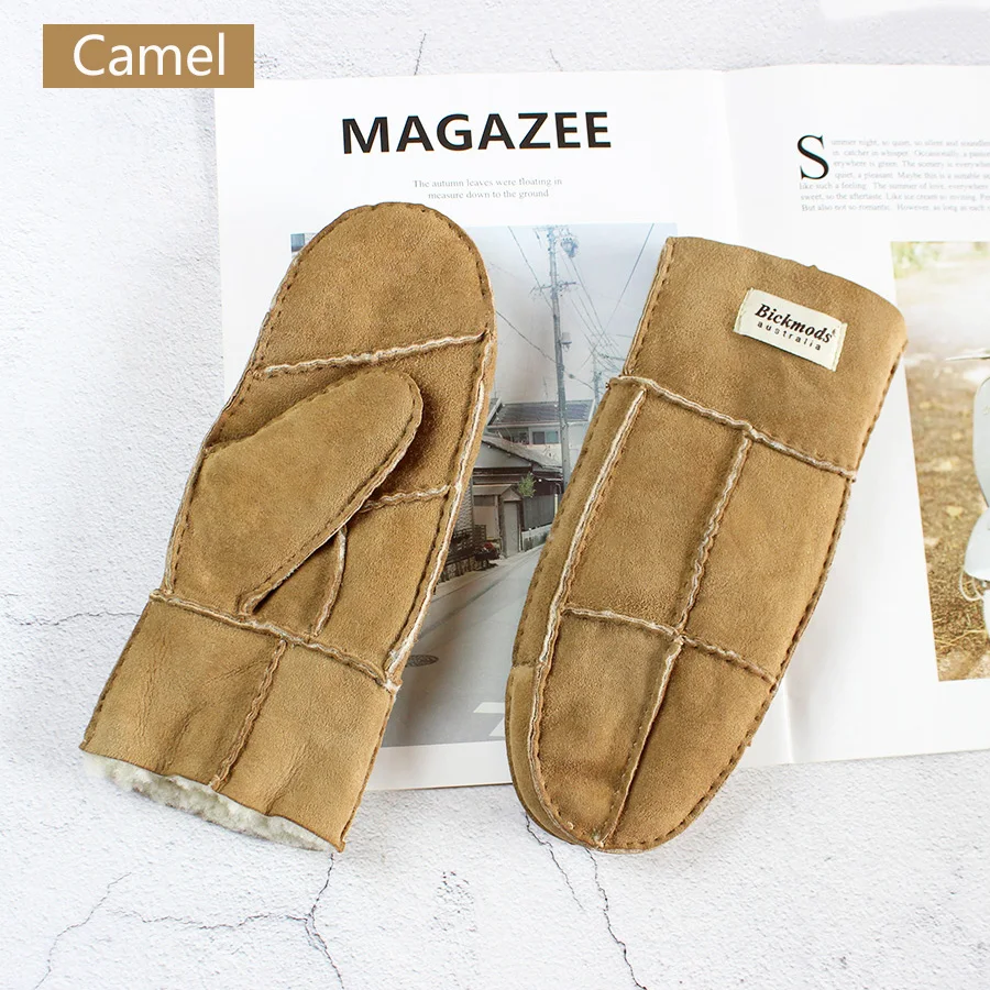 Sheepskin Fur Gloves Women's Winter Cold Warm Men's Leather Thicken Mittens Hand Sewn Black Sheepskin Wool