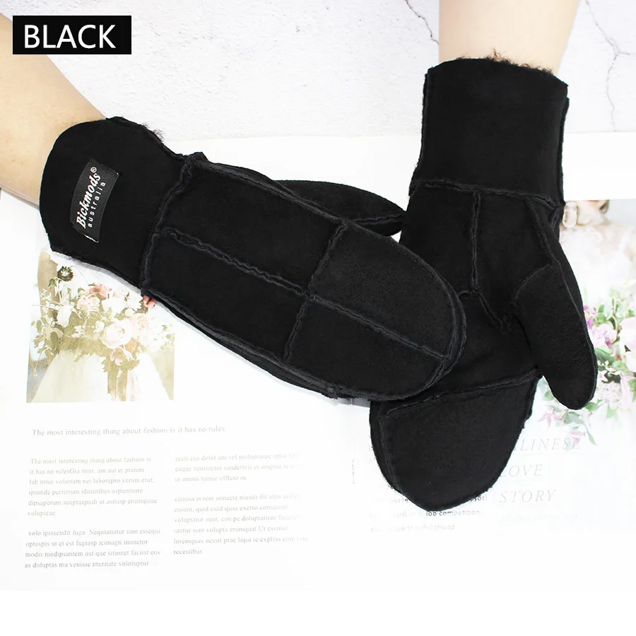 Sheepskin Fur Gloves Women's Winter Cold Warm Men's Leather Thicken Mittens Hand Sewn Black Sheepskin Wool