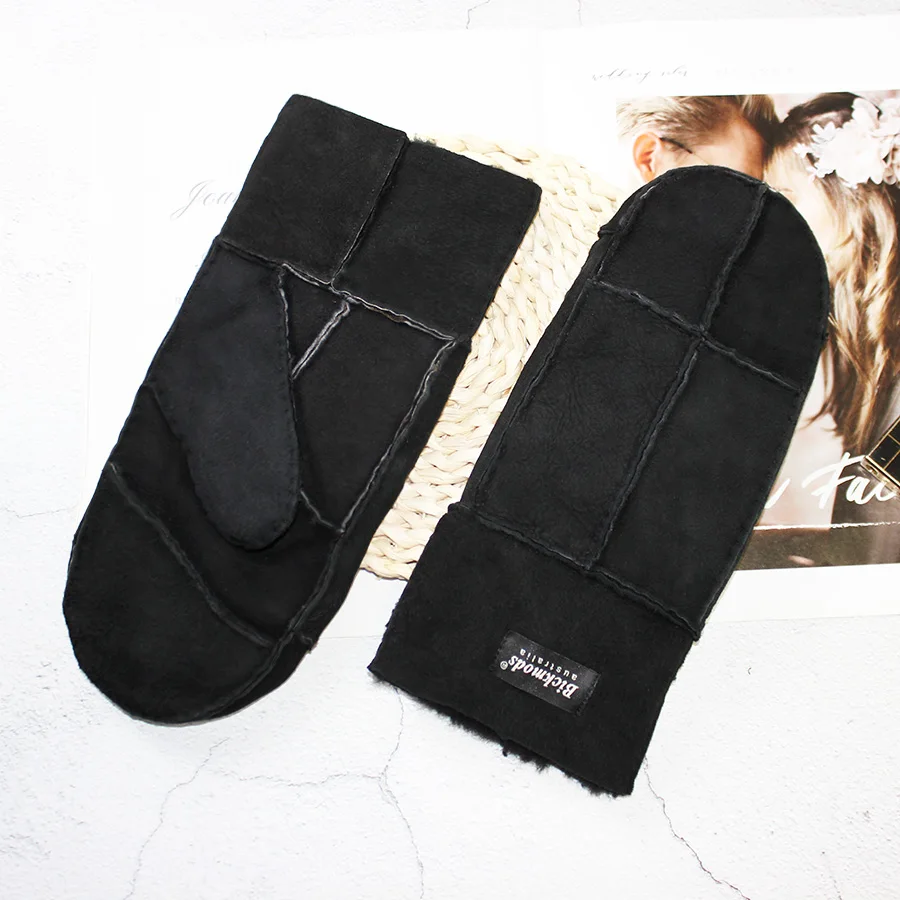 Sheepskin Fur Gloves Women's Winter Cold Warm Men's Leather Thicken Mittens Hand Sewn Black Sheepskin Wool