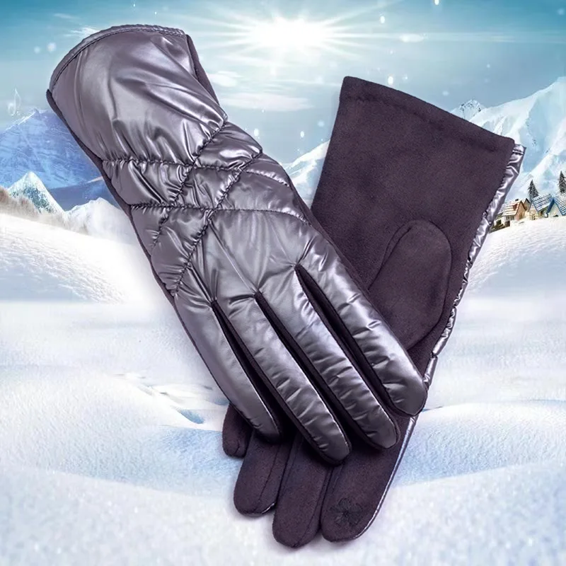 Winter New Women Fashion Personality Luxury Waterproof Keep Warm Touch Screen Plus Fleece Down Cotton Suede Soft Gloves