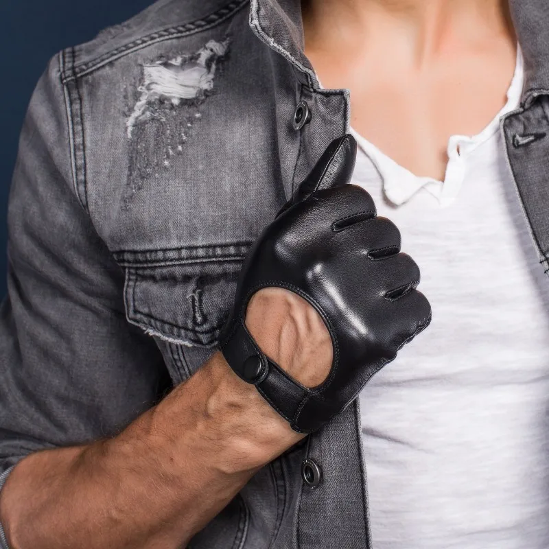 Men's Genuine Leather Gloves Locomotive Driving Gloves Lmported Sheepskin Touch Screen Winter Black Gloves