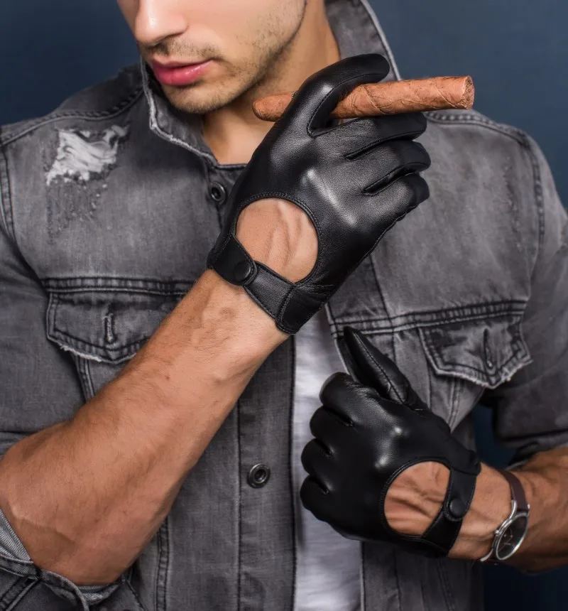 Men's Genuine Leather Gloves Locomotive Driving Gloves Lmported Sheepskin Touch Screen Winter Black Gloves