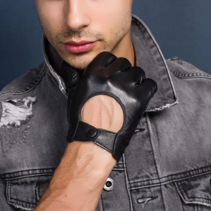 Men's Genuine Leather Gloves Locomotive Driving Gloves Lmported Sheepskin Touch Screen Winter Black Gloves