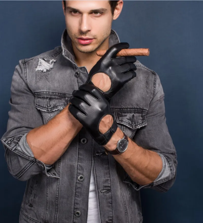Men's Genuine Leather Gloves Locomotive Driving Gloves Lmported Sheepskin Touch Screen Winter Black Gloves